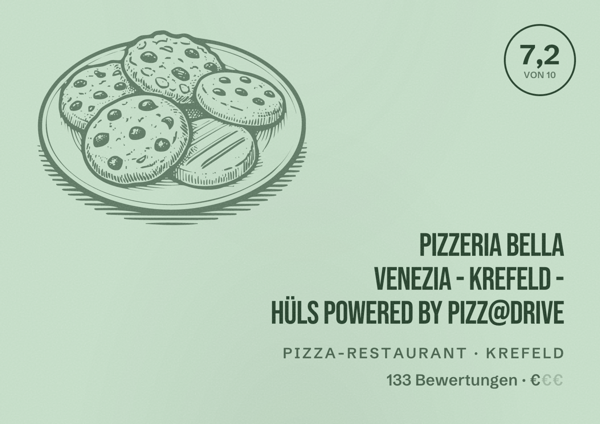 Illustriertes Poster von Pizzeria Bella Venezia - Krefeld - Hüls powered by PIZZ@DRIVE, Pizza-Restaurant in Krefeld: Bewertung 7,2 von 10 aus 133 Bewertungen, Preisniveau €