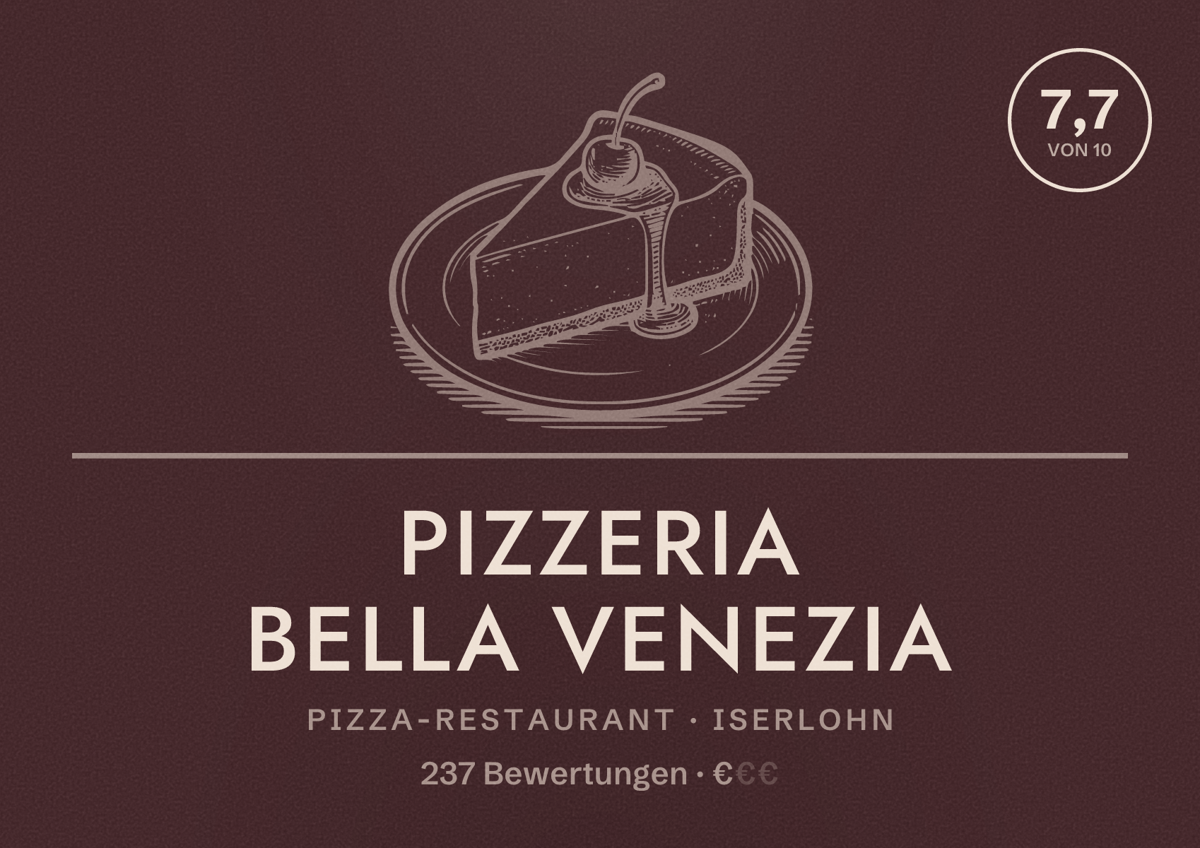 Illustriertes Poster von Pizzeria Bella Venezia, Pizza-Restaurant in Iserlohn: Bewertung 7,7 von 10 aus 237 Bewertungen, Preisniveau €