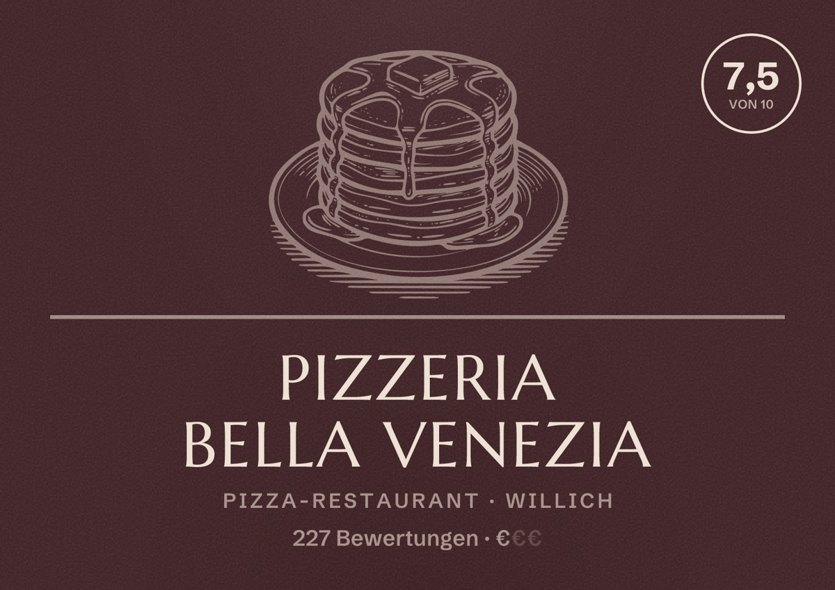 Illustriertes Poster von Pizzeria Bella Venezia, Pizza-Restaurant in Willich: Bewertung 7,5 von 10 aus 227 Bewertungen, Preisniveau €