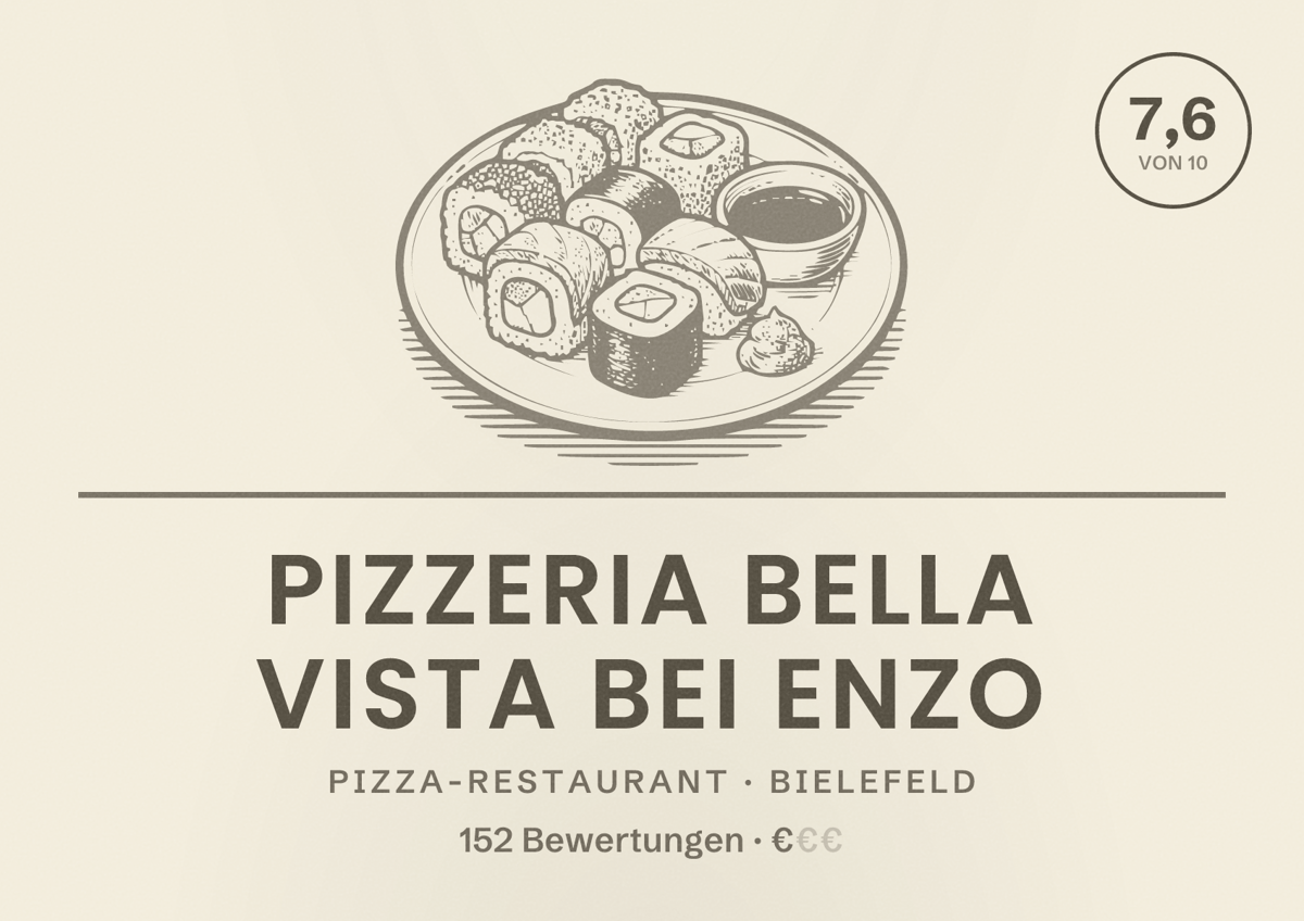 Illustriertes Poster von Pizzeria Bella Vista bei Enzo, Pizza-Restaurant in Bielefeld: Bewertung 7,6 von 10 aus 152 Bewertungen, Preisniveau €