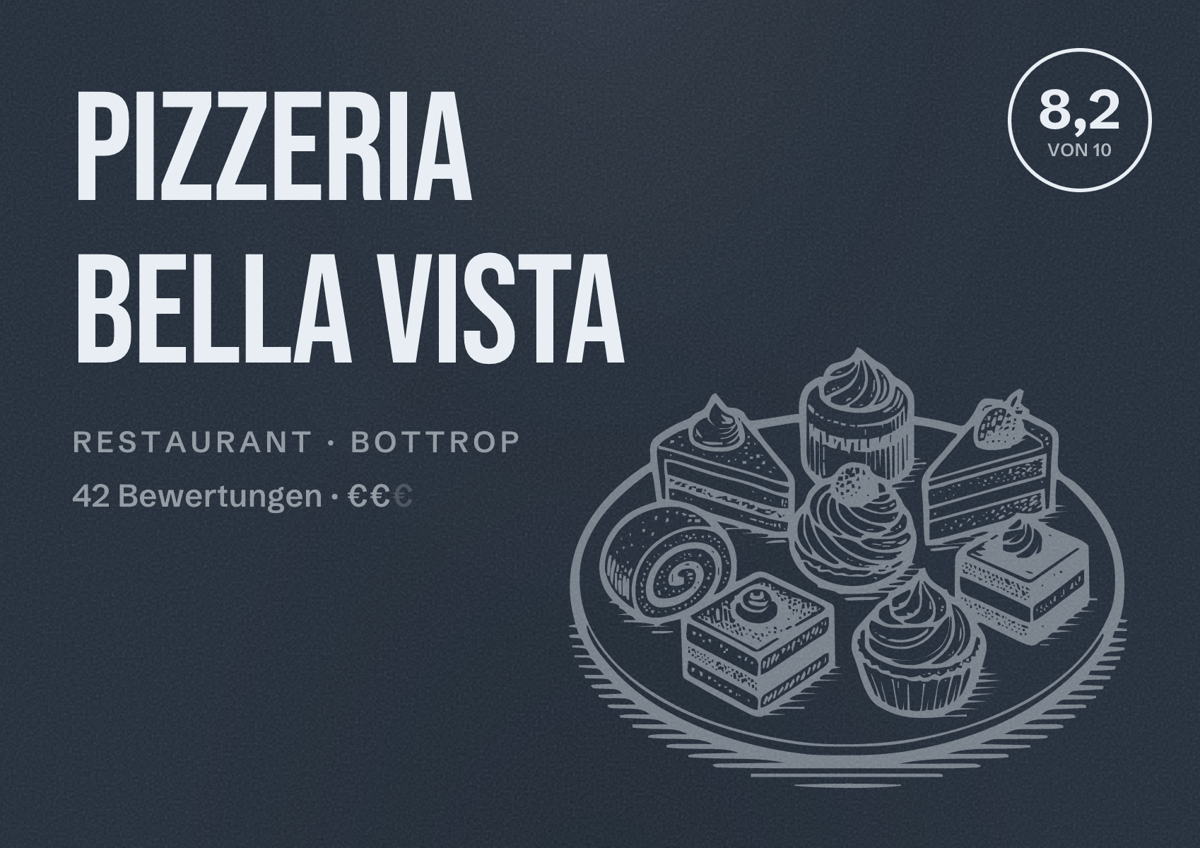 Illustriertes Poster von Pizzeria Bella Vista, Restaurant in Bottrop: Bewertung 8,2 von 10 aus 42 Bewertungen, Preisniveau €€