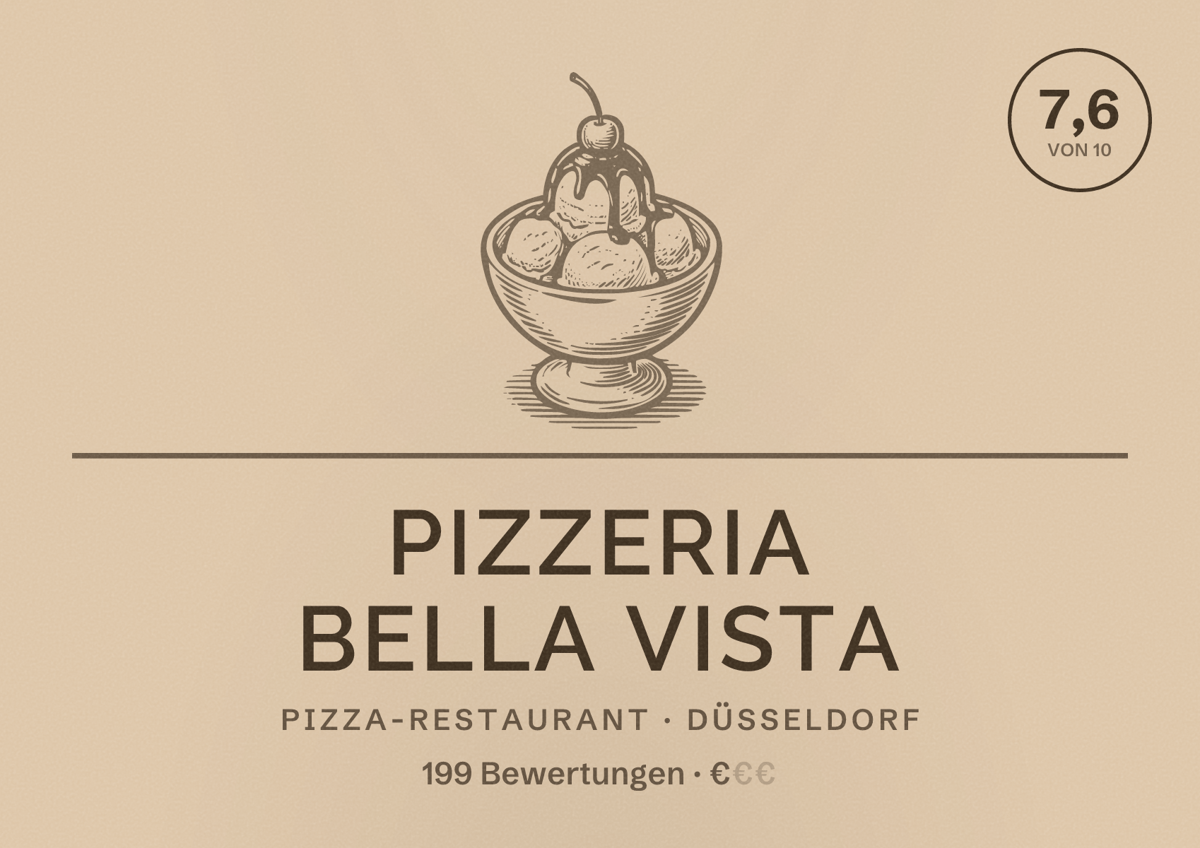 Illustriertes Poster von Pizzeria Bella Vista, Pizza-Restaurant in Düsseldorf: Bewertung 7,6 von 10 aus 199 Bewertungen, Preisniveau €