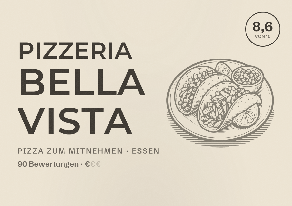 Illustriertes Poster von Pizzeria Bella Vista, Pizza zum Mitnehmen in Essen: Bewertung 8,6 von 10 aus 90 Bewertungen, Preisniveau €