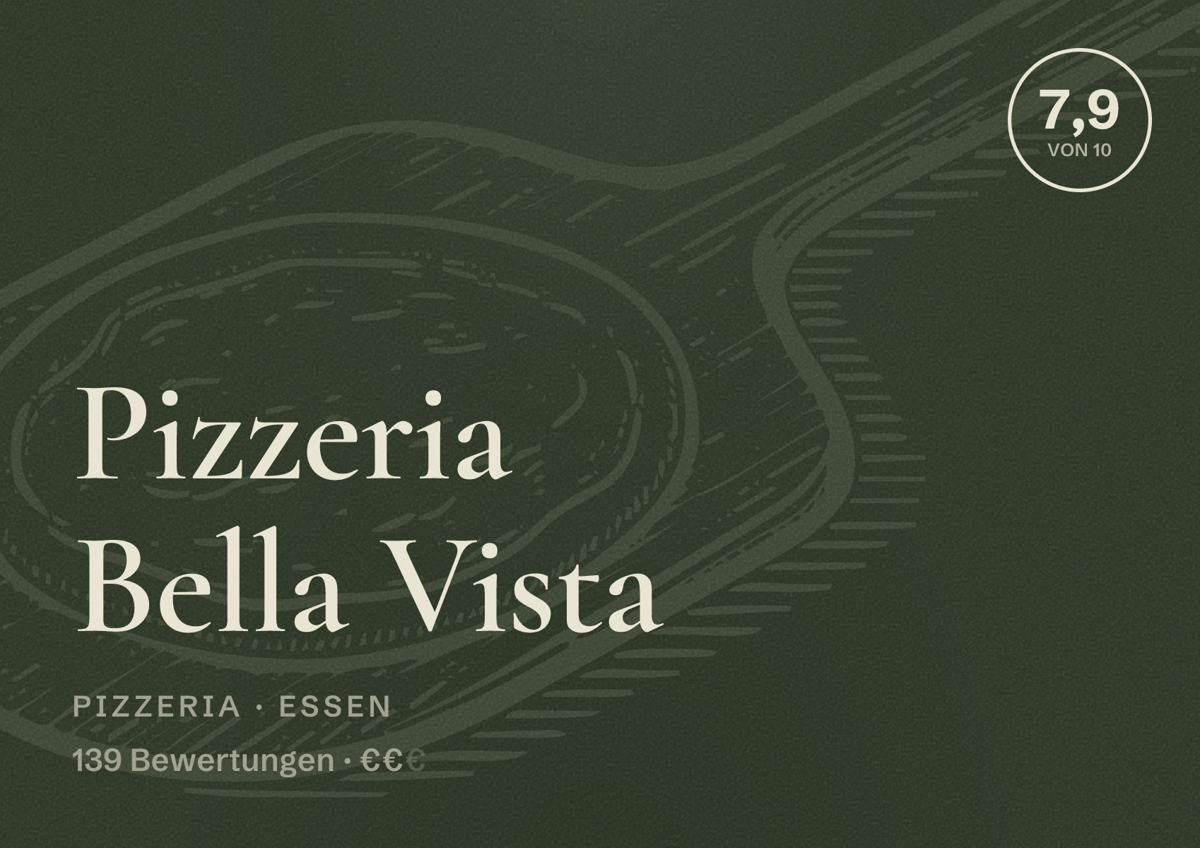 Illustriertes Poster von Pizzeria Bella Vista, Pizzeria in Essen: Bewertung 7,9 von 10 aus 139 Bewertungen, Preisniveau €€
