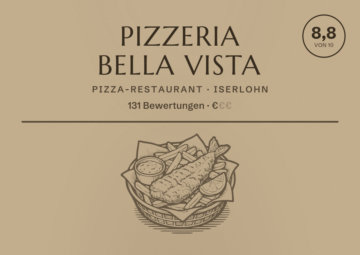 Illustriertes Poster von Pizzeria Bella Vista, Pizza-Restaurant in Iserlohn: Bewertung 8,8 von 10 aus 131 Bewertungen, Preisniveau €