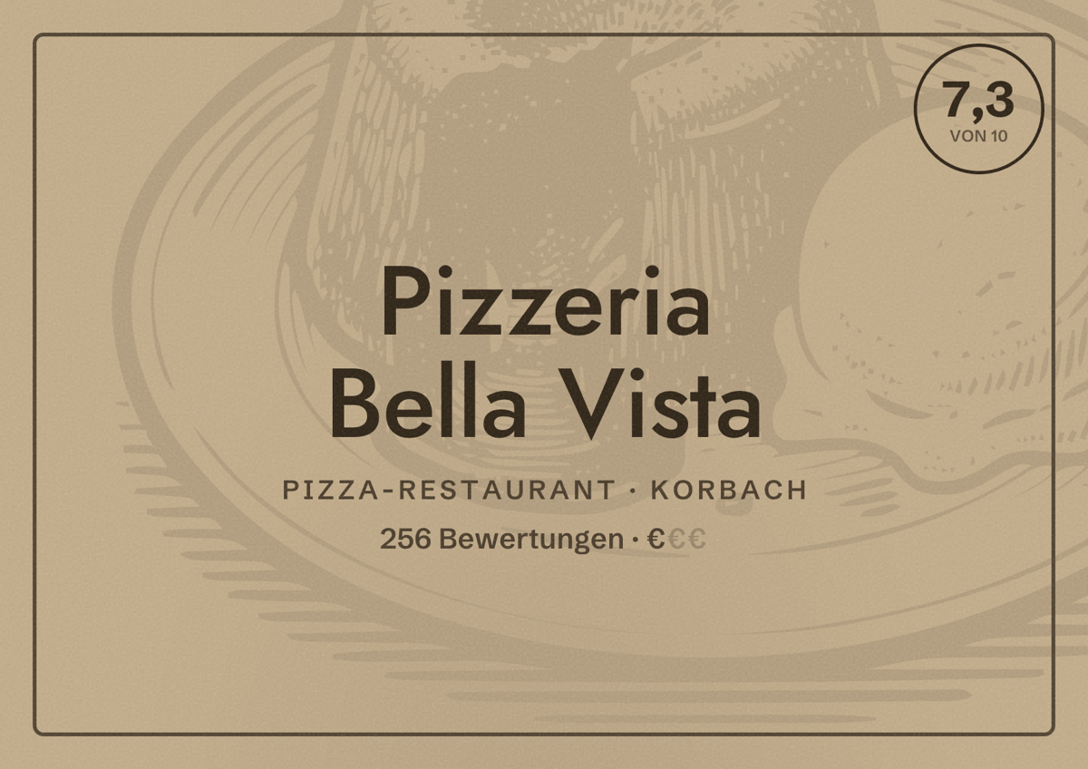 Illustriertes Poster von Pizzeria Bella Vista, Pizza-Restaurant in Korbach: Bewertung 7,3 von 10 aus 256 Bewertungen, Preisniveau €