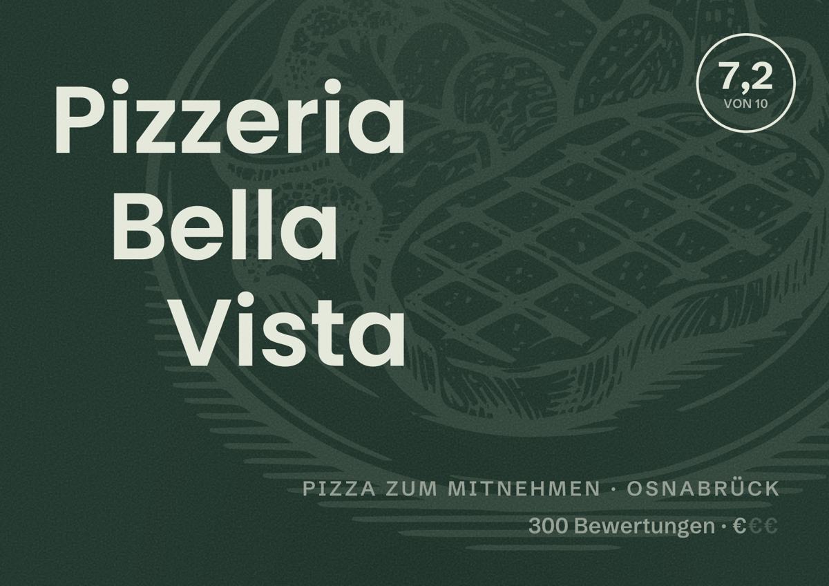Illustriertes Poster von Pizzeria Bella Vista, Pizza zum Mitnehmen in Osnabrück: Bewertung 7,2 von 10 aus 300 Bewertungen, Preisniveau €