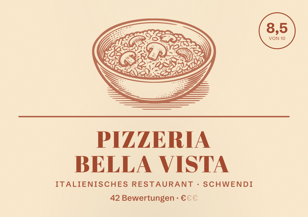 Illustriertes Poster von Pizzeria Bella Vista, Italienisches Restaurant in Schwendi: Bewertung 8,5 von 10 aus 42 Bewertungen, Preisniveau €
