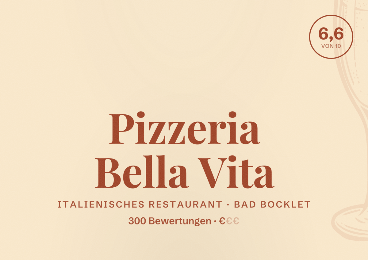 Illustriertes Poster von Pizzeria Bella Vita, Italienisches Restaurant in Bad Bocklet: Bewertung 6,6 von 10 aus 300 Bewertungen, Preisniveau €