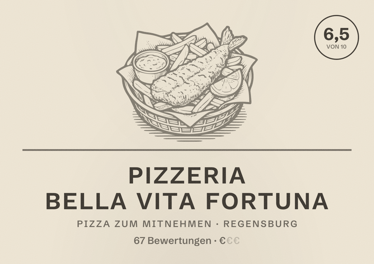 Illustriertes Poster von Pizzeria Bella Vita Fortuna, Pizza zum Mitnehmen in Regensburg: Bewertung 6,5 von 10 aus 67 Bewertungen, Preisniveau €