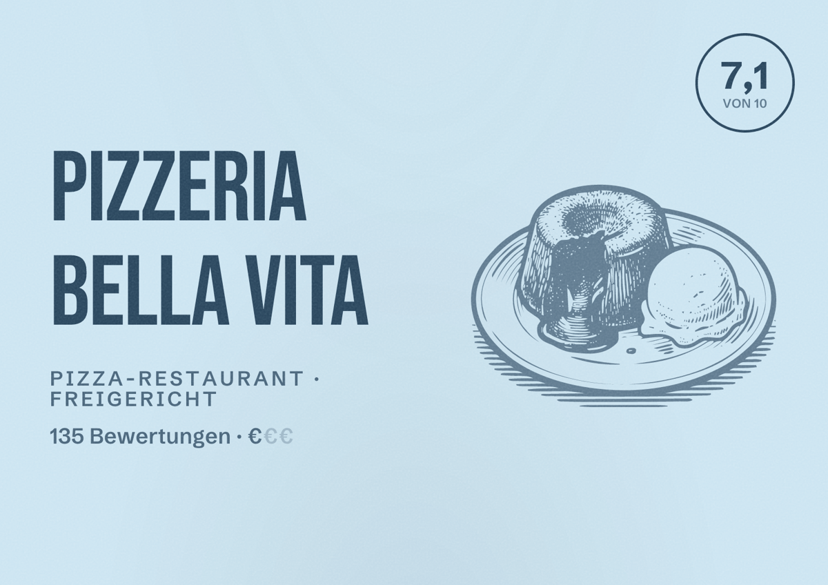 Illustriertes Poster von Pizzeria Bella Vita, Pizza-Restaurant in Freigericht: Bewertung 7,1 von 10 aus 135 Bewertungen, Preisniveau €