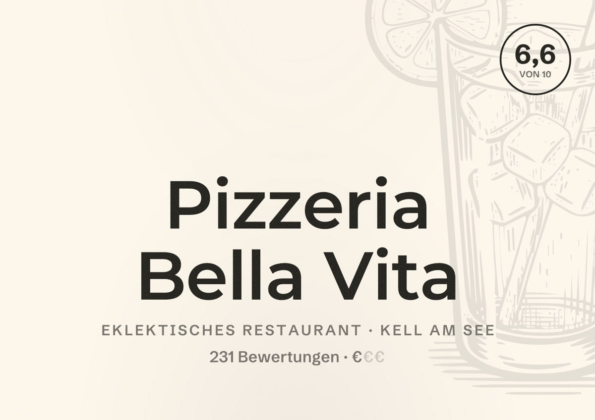 Illustriertes Poster von Pizzeria Bella Vita, Eklektisches Restaurant in Kell am See: Bewertung 6,6 von 10 aus 231 Bewertungen, Preisniveau €