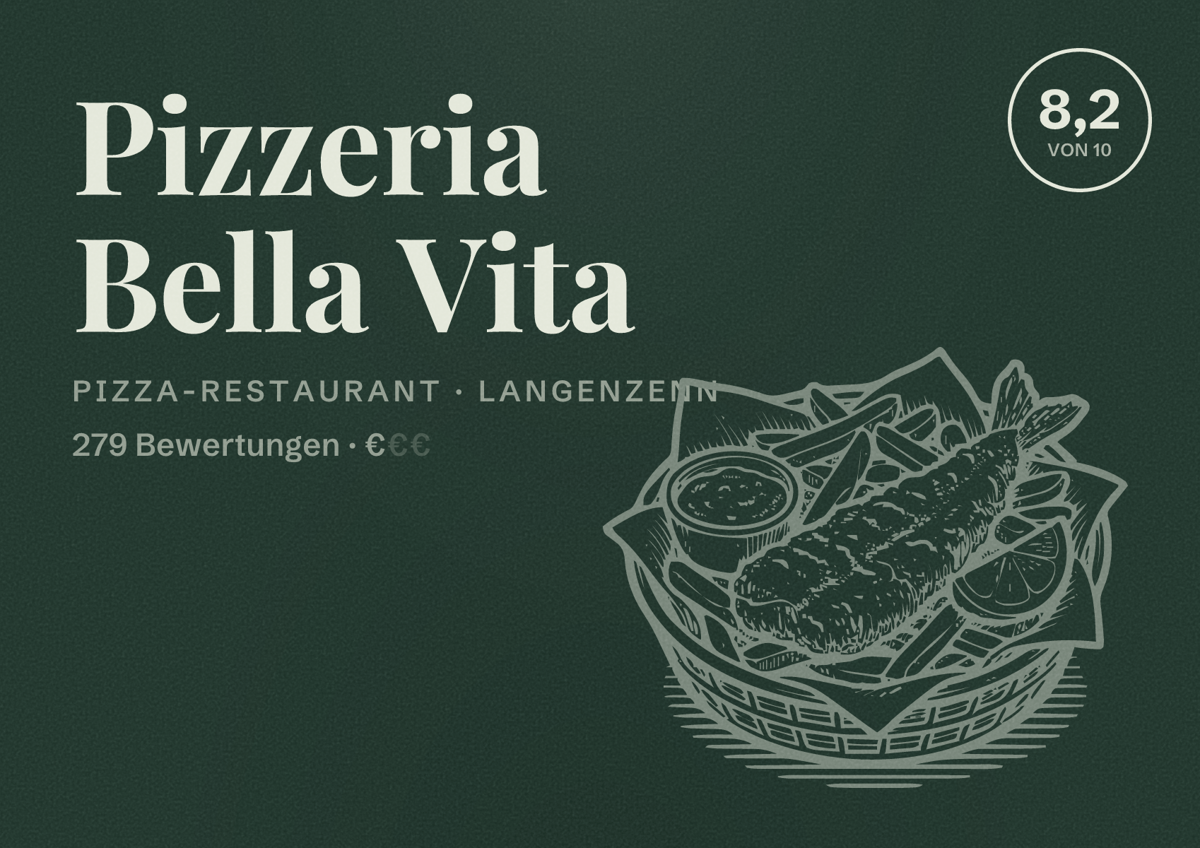 Illustriertes Poster von Pizzeria Bella Vita, Pizza-Restaurant in Langenzenn: Bewertung 8,2 von 10 aus 279 Bewertungen, Preisniveau €