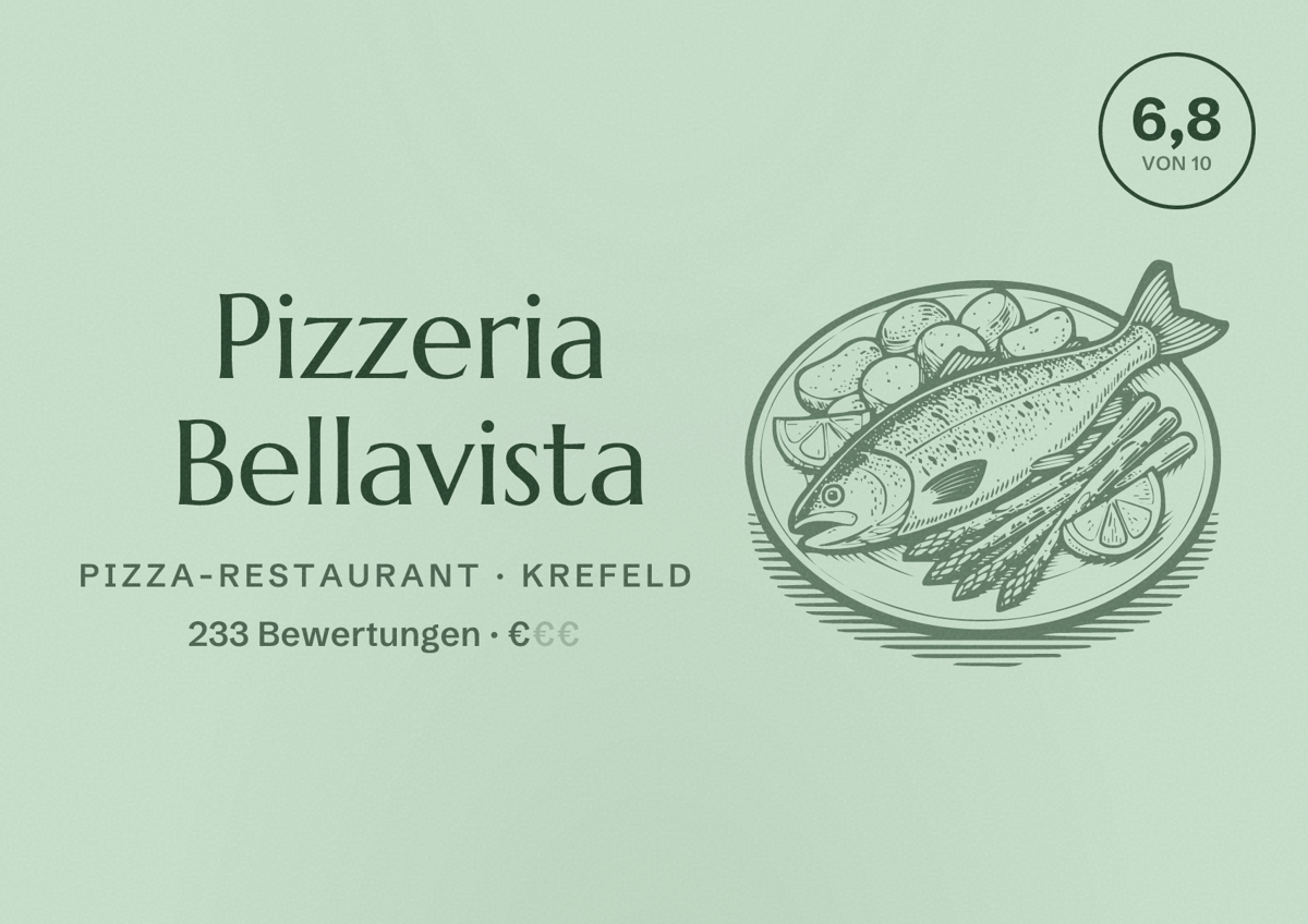 Illustriertes Poster von Pizzeria Bellavista, Pizza-Restaurant in Krefeld: Bewertung 6,8 von 10 aus 233 Bewertungen, Preisniveau €