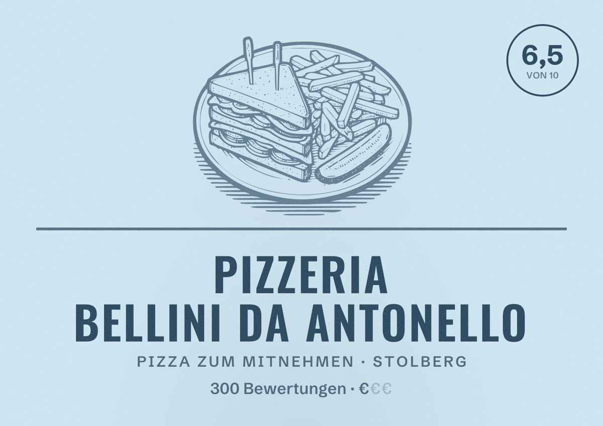 Illustriertes Poster von Pizzeria Bellini da Antonello, Pizza zum Mitnehmen in Stolberg: Bewertung 6,5 von 10 aus 300 Bewertungen, Preisniveau €