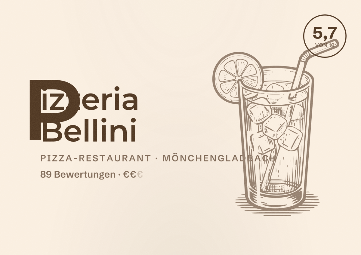 Illustriertes Poster von Pizzeria Bellini, Pizza-Restaurant in Mönchengladbach: Bewertung 5,7 von 10 aus 89 Bewertungen, Preisniveau €€