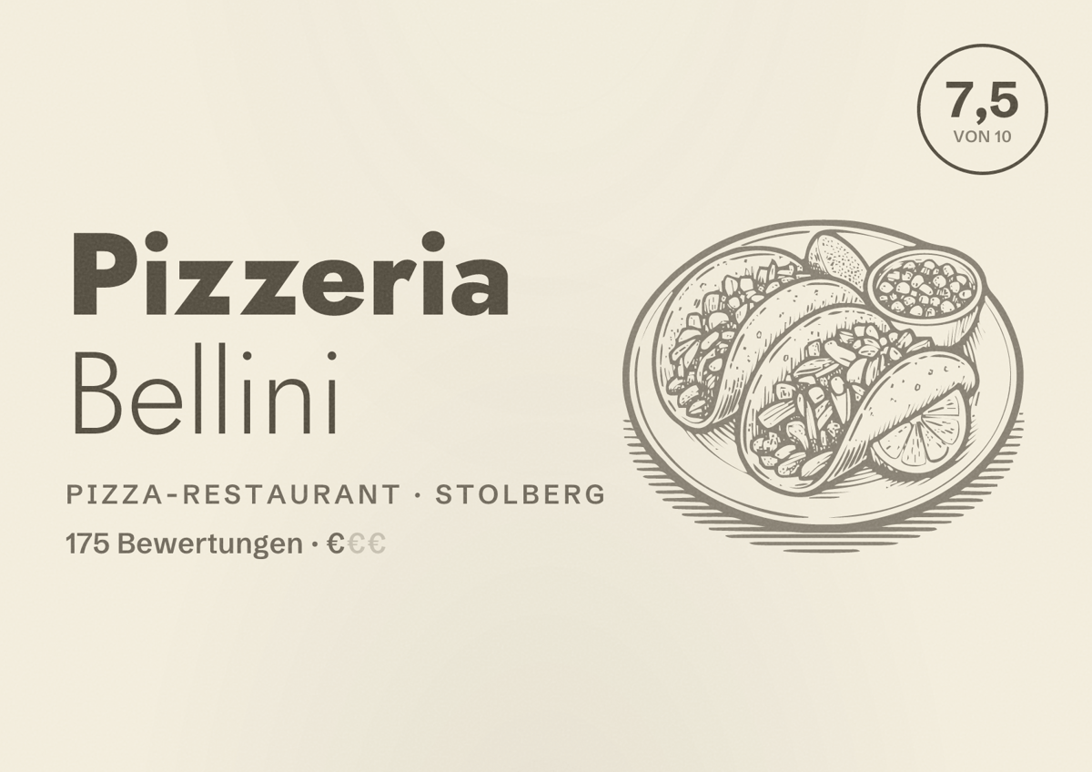 Illustriertes Poster von Pizzeria Bellini, Pizza-Restaurant in Stolberg: Bewertung 7,5 von 10 aus 175 Bewertungen, Preisniveau €