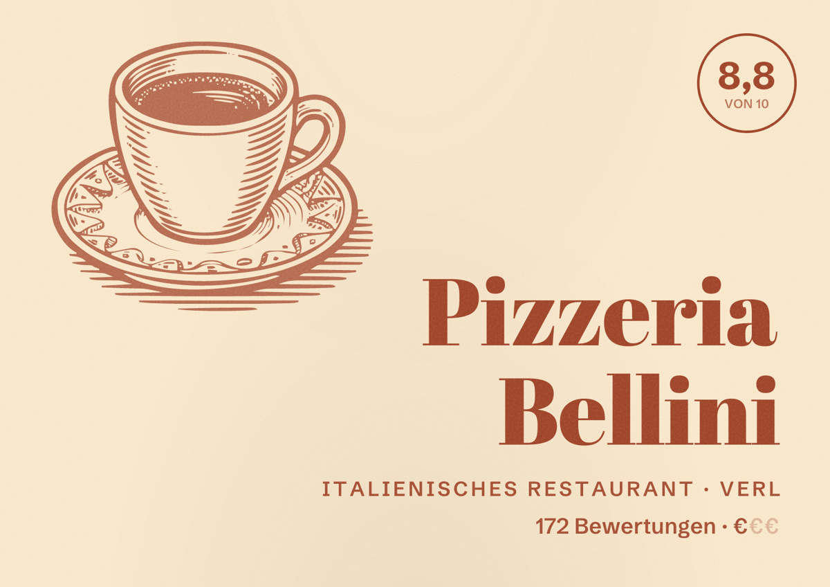Illustriertes Poster von Pizzeria Bellini, Italienisches Restaurant in Verl: Bewertung 8,8 von 10 aus 172 Bewertungen, Preisniveau €