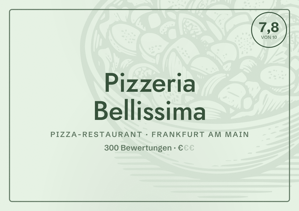 Illustriertes Poster von Pizzeria Bellissima, Pizza-Restaurant in Frankfurt am Main: Bewertung 7,8 von 10 aus 300 Bewertungen, Preisniveau €