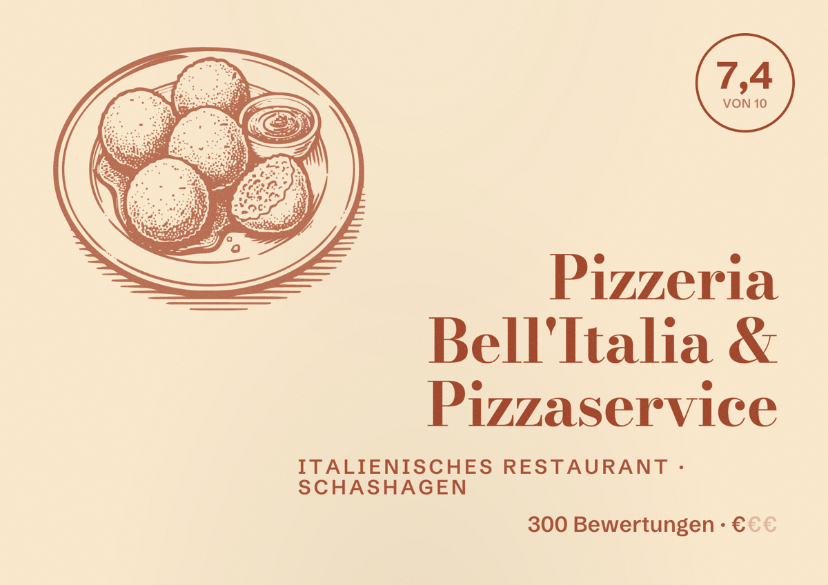 Illustriertes Poster von Pizzeria Bell'Italia & Pizzaservice, Italienisches Restaurant in Schashagen: Bewertung 7,4 von 10 aus 300 Bewertungen, Preisniveau €