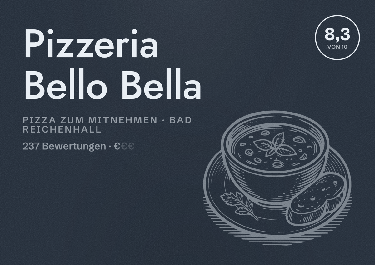 Illustriertes Poster von Pizzeria Bello Bella, Pizza zum Mitnehmen in Bad Reichenhall: Bewertung 8,3 von 10 aus 237 Bewertungen, Preisniveau €