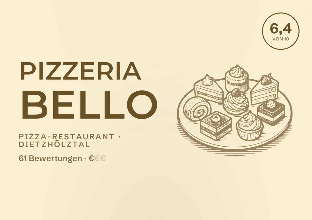 Illustriertes Poster von Pizzeria Bello, Pizza-Restaurant in Dietzhölztal: Bewertung 6,4 von 10 aus 61 Bewertungen, Preisniveau €