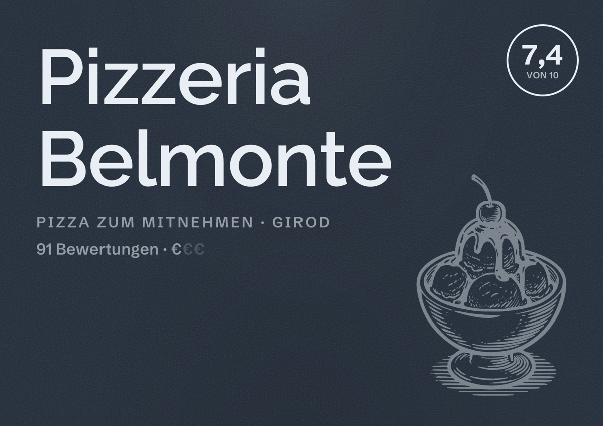Illustriertes Poster von Pizzeria Belmonte, Pizza zum Mitnehmen in Girod: Bewertung 7,4 von 10 aus 91 Bewertungen, Preisniveau €