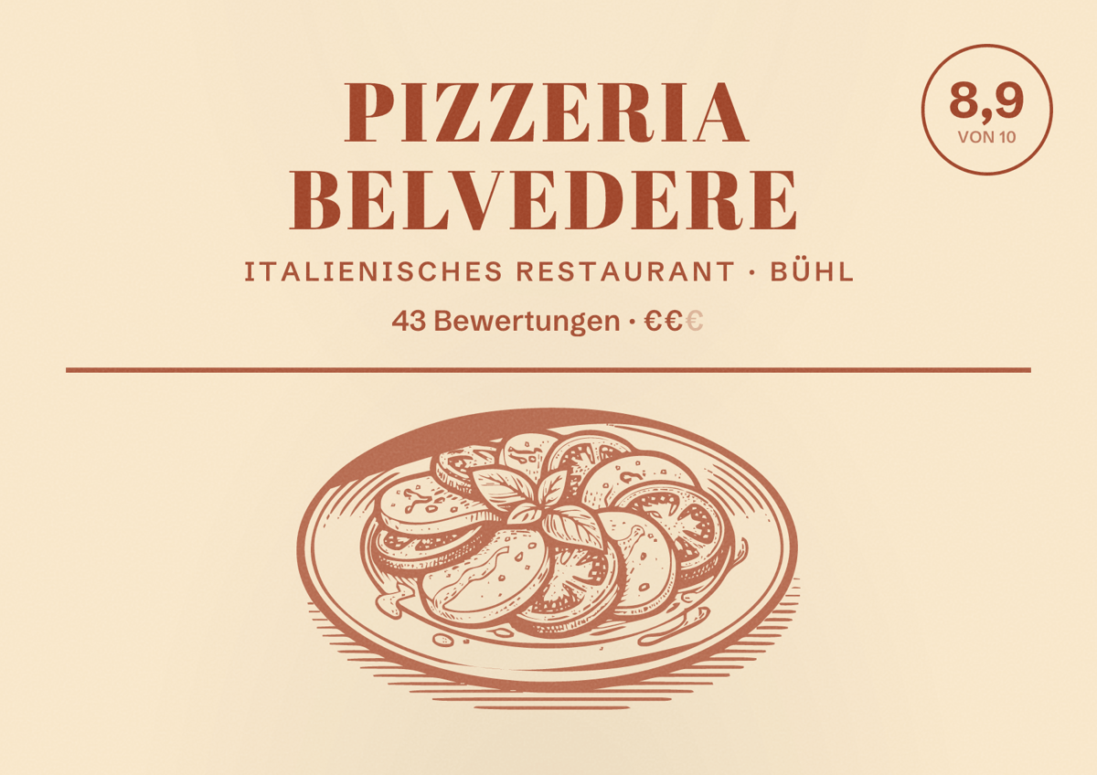 Illustriertes Poster von Pizzeria Belvedere, Italienisches Restaurant in Bühl: Bewertung 8,9 von 10 aus 43 Bewertungen, Preisniveau €€
