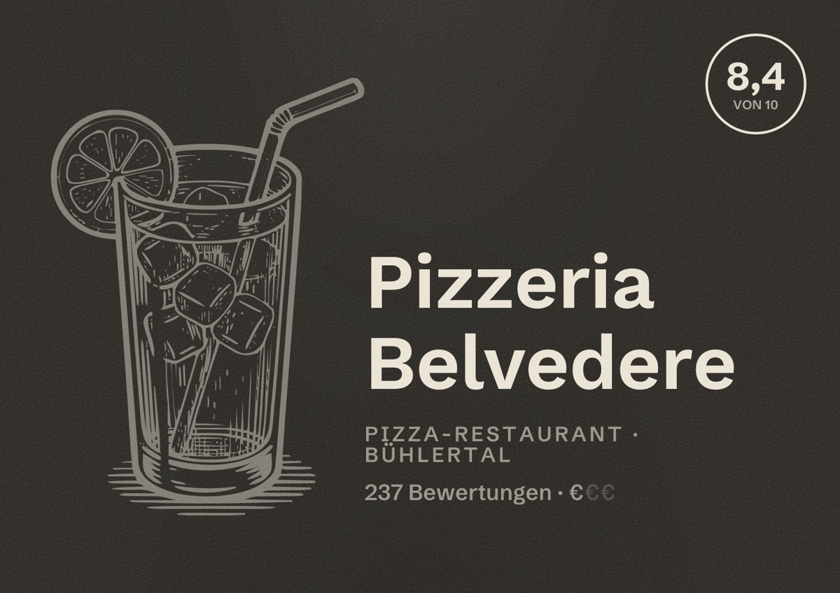 Illustriertes Poster von Pizzeria Belvedere, Pizza-Restaurant in Bühlertal: Bewertung 8,4 von 10 aus 237 Bewertungen, Preisniveau €