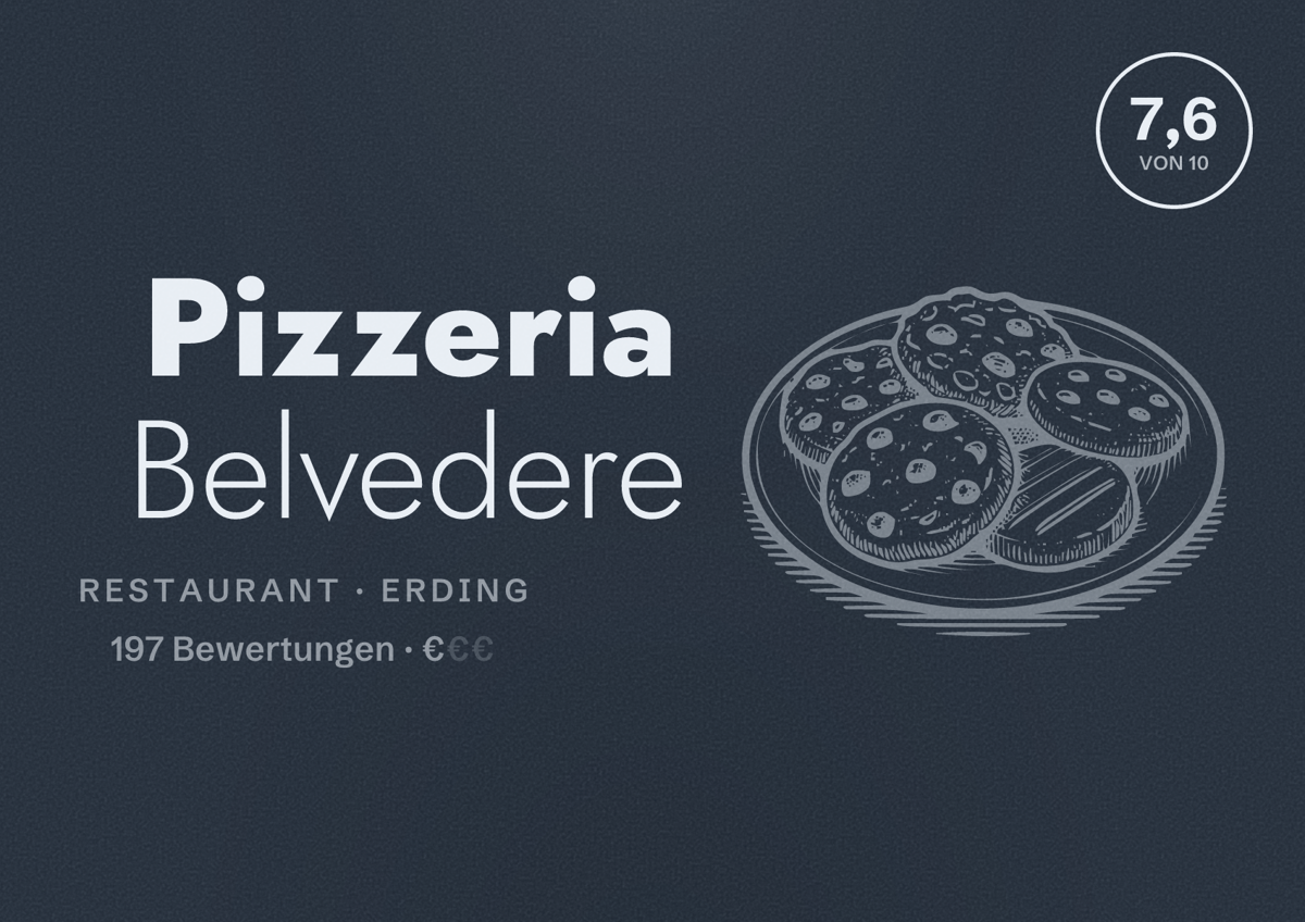 Illustriertes Poster von Pizzeria Belvedere, Restaurant in Erding: Bewertung 7,6 von 10 aus 197 Bewertungen, Preisniveau €