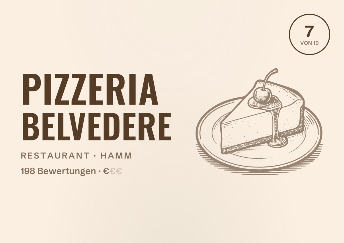 Illustriertes Poster von Pizzeria Belvedere, Restaurant in Hamm: Bewertung 7 von 10 aus 198 Bewertungen, Preisniveau €