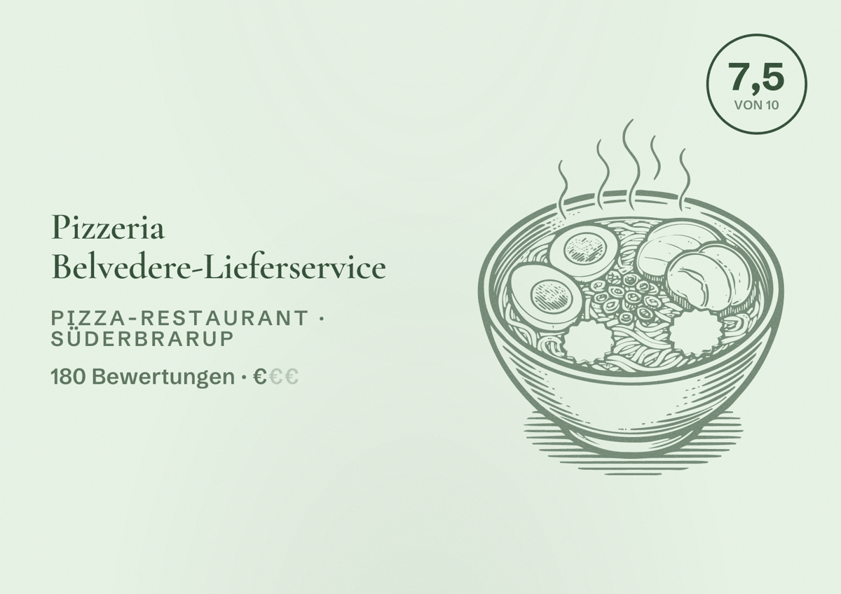 Illustriertes Poster von Pizzeria Belvedere-Lieferservice, Pizza-Restaurant in Süderbrarup: Bewertung 7,5 von 10 aus 180 Bewertungen, Preisniveau €