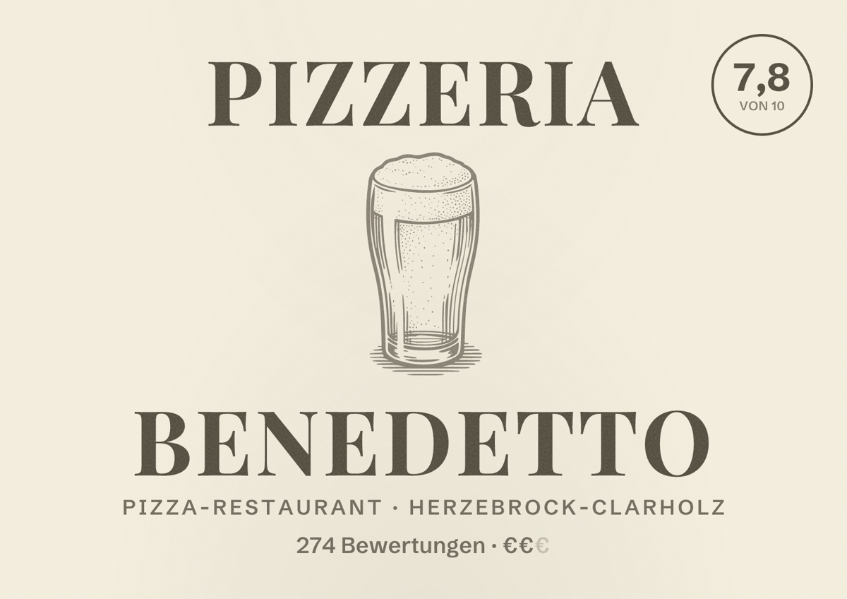 Illustriertes Poster von Pizzeria Benedetto, Pizza-Restaurant in Herzebrock-Clarholz: Bewertung 7,8 von 10 aus 274 Bewertungen, Preisniveau €€
