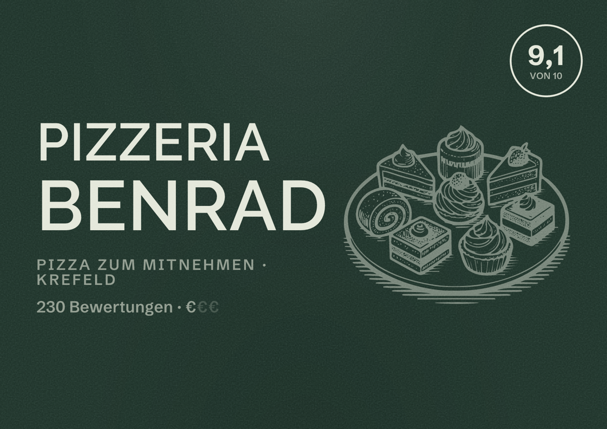 Illustriertes Poster von Pizzeria Benrad, Pizza zum Mitnehmen in Krefeld: Bewertung 9,1 von 10 aus 230 Bewertungen, Preisniveau €