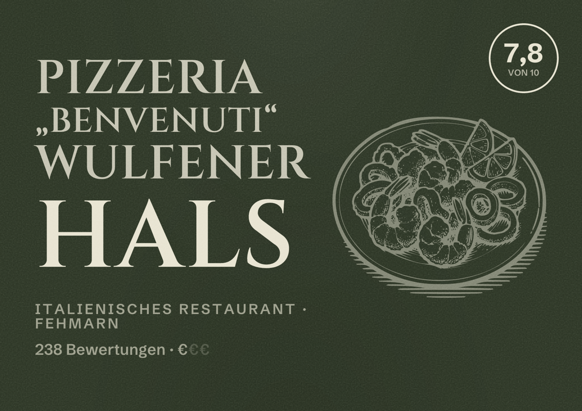 Illustriertes Poster von Pizzeria „Benvenuti“ Wulfener Hals, Italienisches Restaurant in Fehmarn: Bewertung 7,8 von 10 aus 238 Bewertungen, Preisniveau €