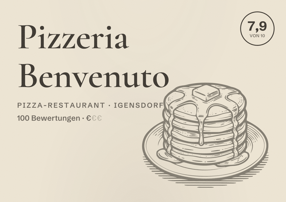 Illustriertes Poster von Pizzeria Benvenuto, Pizza-Restaurant in Igensdorf: Bewertung 7,9 von 10 aus 100 Bewertungen, Preisniveau €