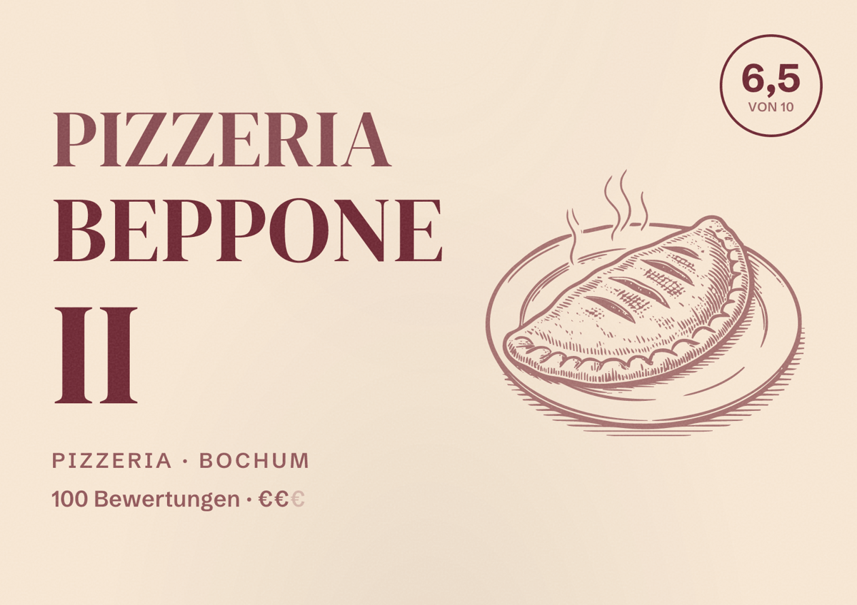 Illustriertes Poster von Pizzeria Beppone II, Pizzeria in Bochum: Bewertung 6,5 von 10 aus 100 Bewertungen, Preisniveau €€
