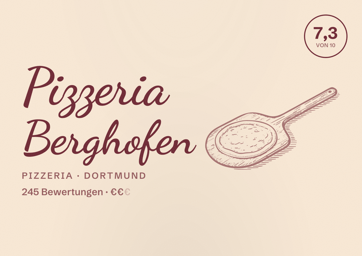 Illustriertes Poster von Pizzeria Berghofen, Pizzeria in Dortmund: Bewertung 7,3 von 10 aus 245 Bewertungen, Preisniveau €€