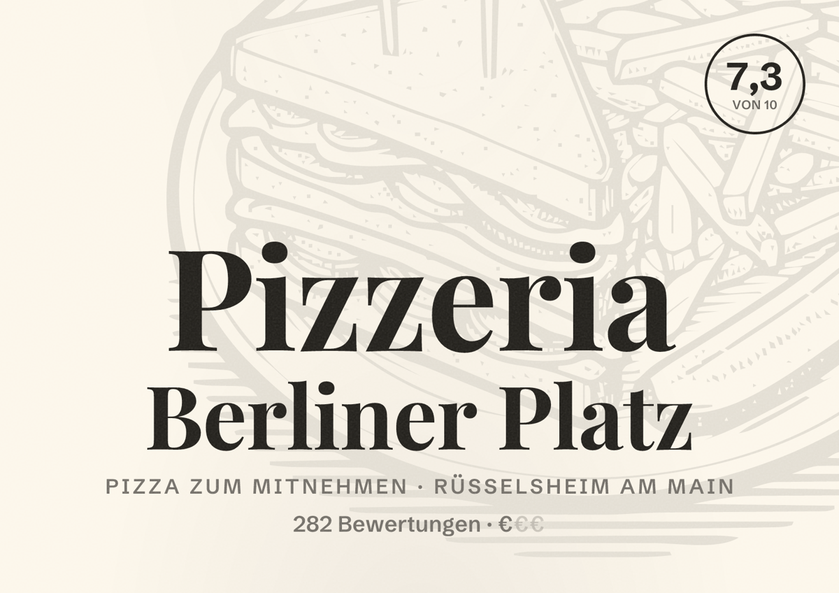 Illustriertes Poster von Pizzeria Berliner Platz, Pizza zum Mitnehmen in Rüsselsheim am Main: Bewertung 7,3 von 10 aus 282 Bewertungen, Preisniveau €