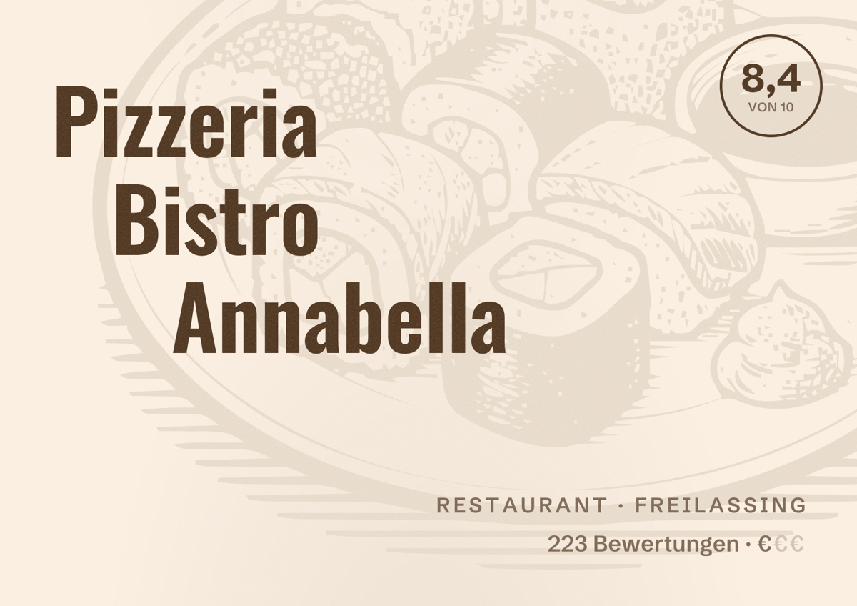 Illustriertes Poster von Pizzeria Bistro Annabella, Restaurant in Freilassing: Bewertung 8,4 von 10 aus 223 Bewertungen, Preisniveau €