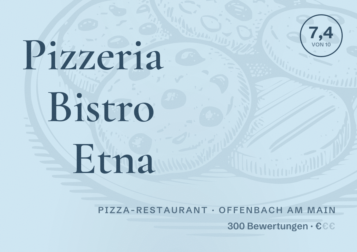 Illustriertes Poster von Pizzeria Bistro Etna, Pizza-Restaurant in Offenbach am Main: Bewertung 7,4 von 10 aus 300 Bewertungen, Preisniveau €