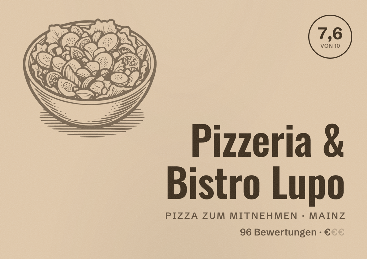 Illustriertes Poster von Pizzeria & Bistro Lupo, Pizza zum Mitnehmen in Mainz: Bewertung 7,6 von 10 aus 96 Bewertungen, Preisniveau €