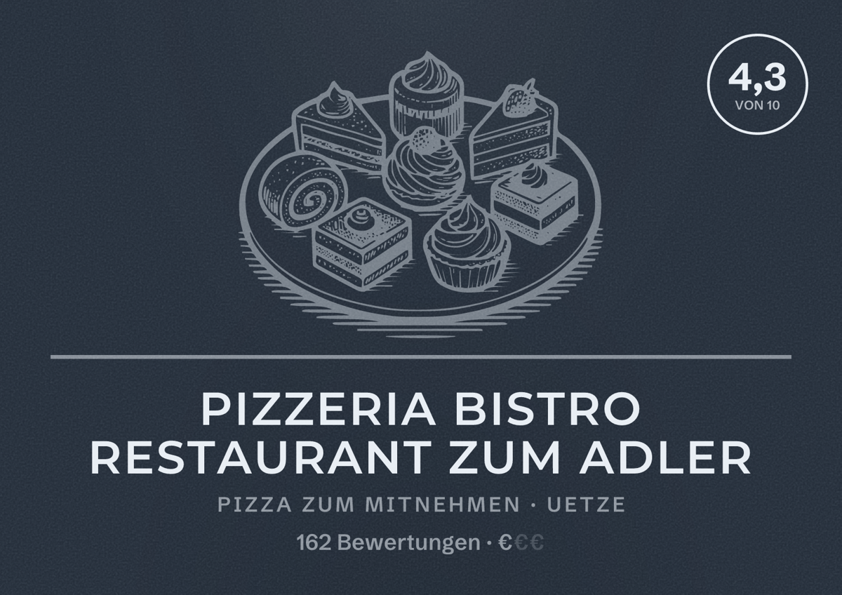 Illustriertes Poster von Pizzeria Bistro Restaurant Zum Adler, Pizza zum Mitnehmen in Uetze: Bewertung 4,3 von 10 aus 162 Bewertungen, Preisniveau €