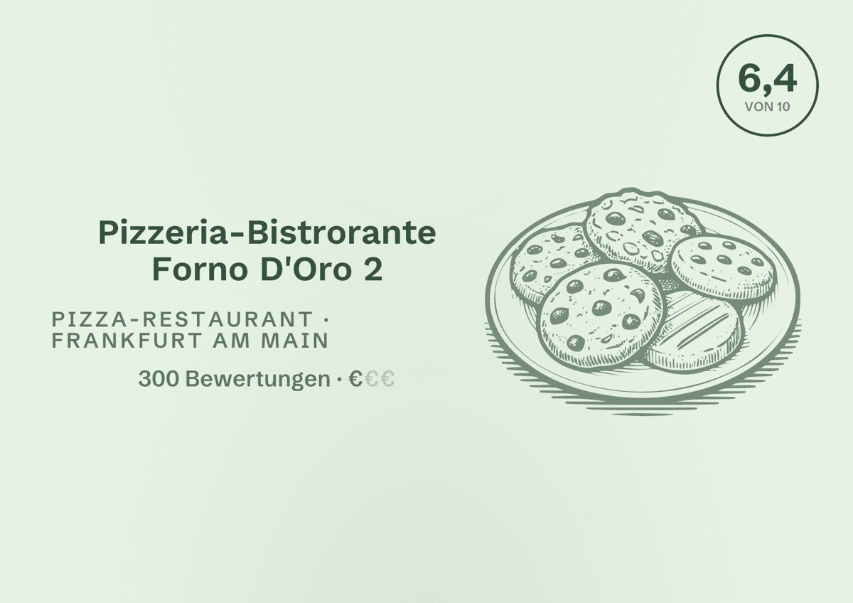 Illustriertes Poster von Pizzeria-Bistrorante Forno D'Oro 2, Pizza-Restaurant in Frankfurt am Main: Bewertung 6,4 von 10 aus 300 Bewertungen, Preisniveau €