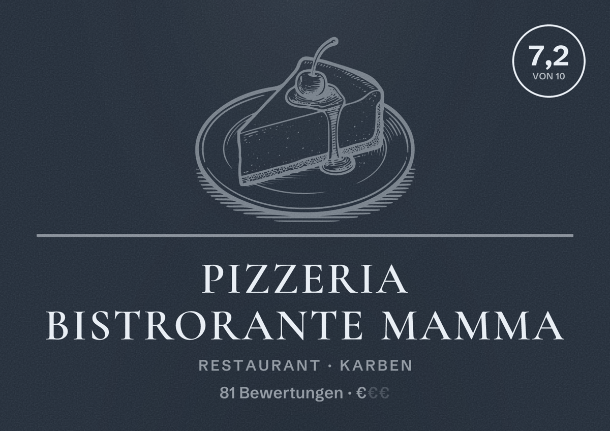Illustriertes Poster von Pizzeria Bistrorante Mamma, Restaurant in Karben: Bewertung 7,2 von 10 aus 81 Bewertungen, Preisniveau €
