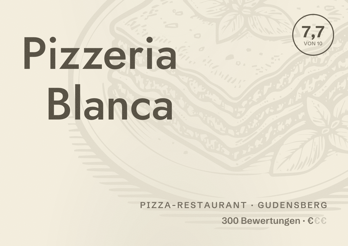 Illustriertes Poster von Pizzeria Blanca, Pizza-Restaurant in Gudensberg: Bewertung 7,7 von 10 aus 300 Bewertungen, Preisniveau €