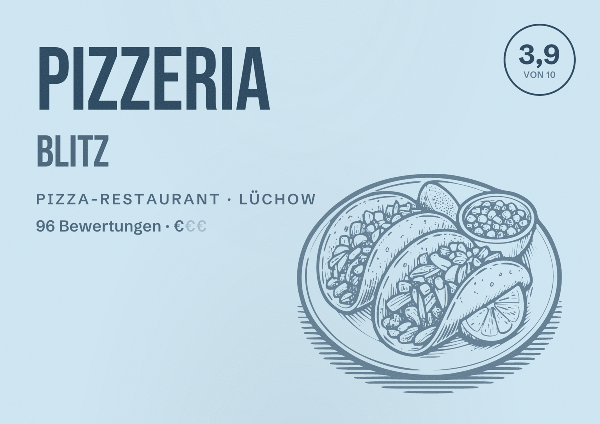 Illustriertes Poster von Pizzeria Blitz, Pizza-Restaurant in Lüchow: Bewertung 3,9 von 10 aus 96 Bewertungen, Preisniveau €