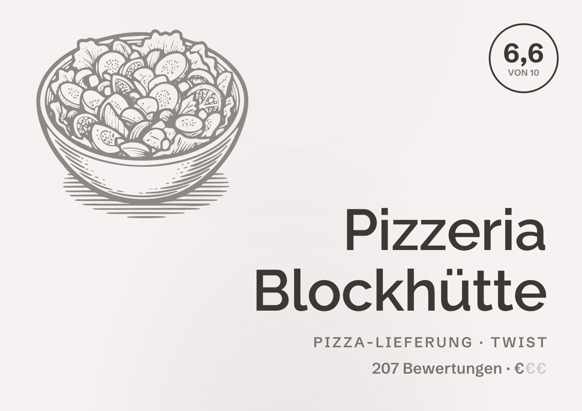 Illustriertes Poster von Pizzeria Blockhütte, Pizza-Lieferung in Twist: Bewertung 6,6 von 10 aus 207 Bewertungen, Preisniveau €