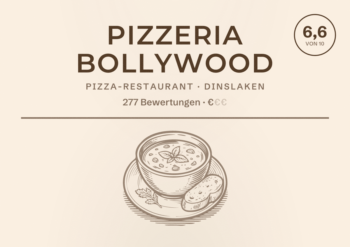 Illustriertes Poster von Pizzeria Bollywood, Pizza-Restaurant in Dinslaken: Bewertung 6,6 von 10 aus 277 Bewertungen, Preisniveau €