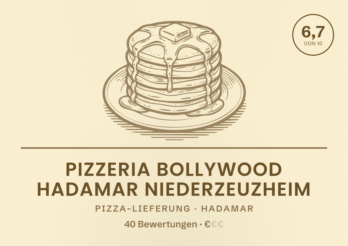 Illustriertes Poster von Pizzeria Bollywood Hadamar Niederzeuzheim, Pizza-Lieferung in Hadamar: Bewertung 6,7 von 10 aus 40 Bewertungen, Preisniveau €